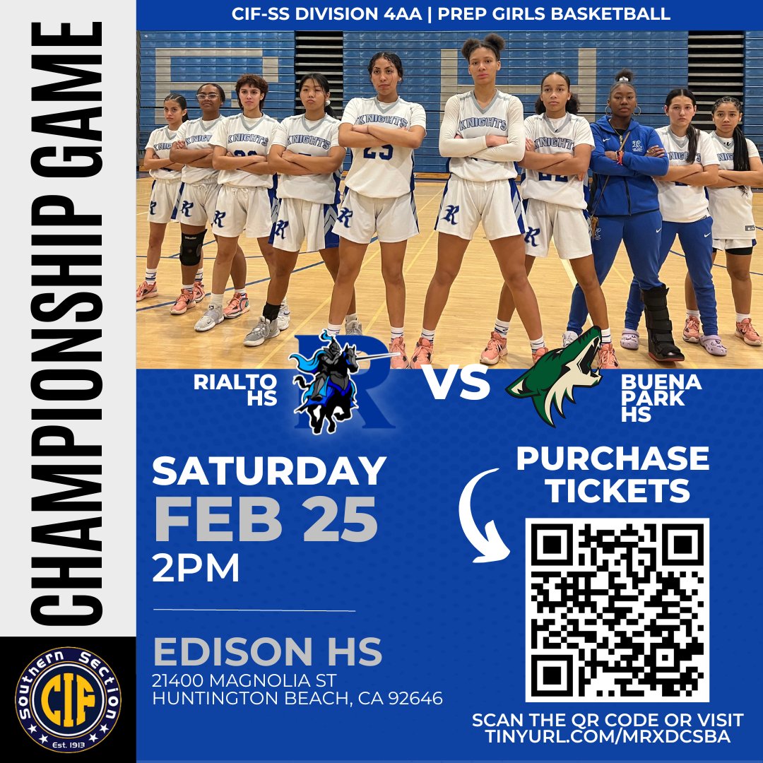 ⚔🏆 Gooo Knights! #DestinationChampionship

The Rialto High School girls basketball team faces Buena Park for the <a href="/CIFSS/">CIF Southern Section</a> Division 4AA title game at 2PM on Saturday, Feb. 25 at Edison HS! Come out &amp; cheer on our students to a title!

🎟 Purchase tickets: tinyurl.com/mrxdcsba