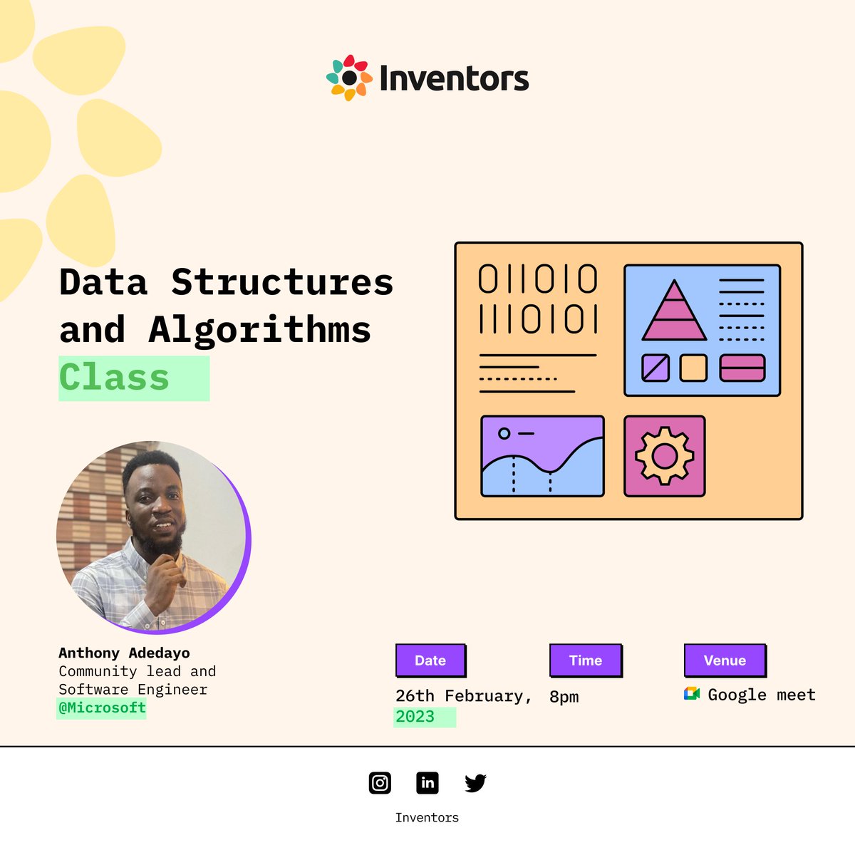 D_INVENTORS's tweet photo. Hello everyone π
The DSA session two class is coming up on 26th February at 8pm
Come learn as @Tonykay_Noni, software engineer at Microsoft Will be teaching us.
Set your reminder β°
https://t.co/x26fzAp4Sg
#InventorsCommunity
#DSA
#Tech
#DataStructuresandAlgorithm
1/2
π https://t.co/iDTuEDPIjN