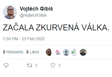 GibisVB's tweet photo. Během Putinova projevu jsem kontroloval další zprávy. vojenské aktivity přibývalo.
Až dosud jsem se držel čistě "novinářské" role a celou noc schovával pocity v sobě, či je jen psal soukromě kolegům a přátelům.
Svůj vztek a zoufalství jsem vybil ve 4:03 veřejně v tvítu.
21/x https://t.co/atuiXJGLAi