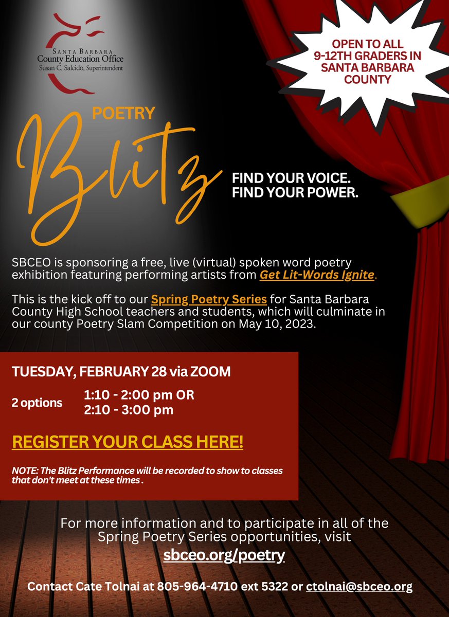 SBCEO is sponsoring a no-cost Spring Poetry Series for high school teachers and students. The series kicks off w/ the virtual spoken word Poetry Blitz on 2/28. Teachers: Register your class at sbceo.org/poetry