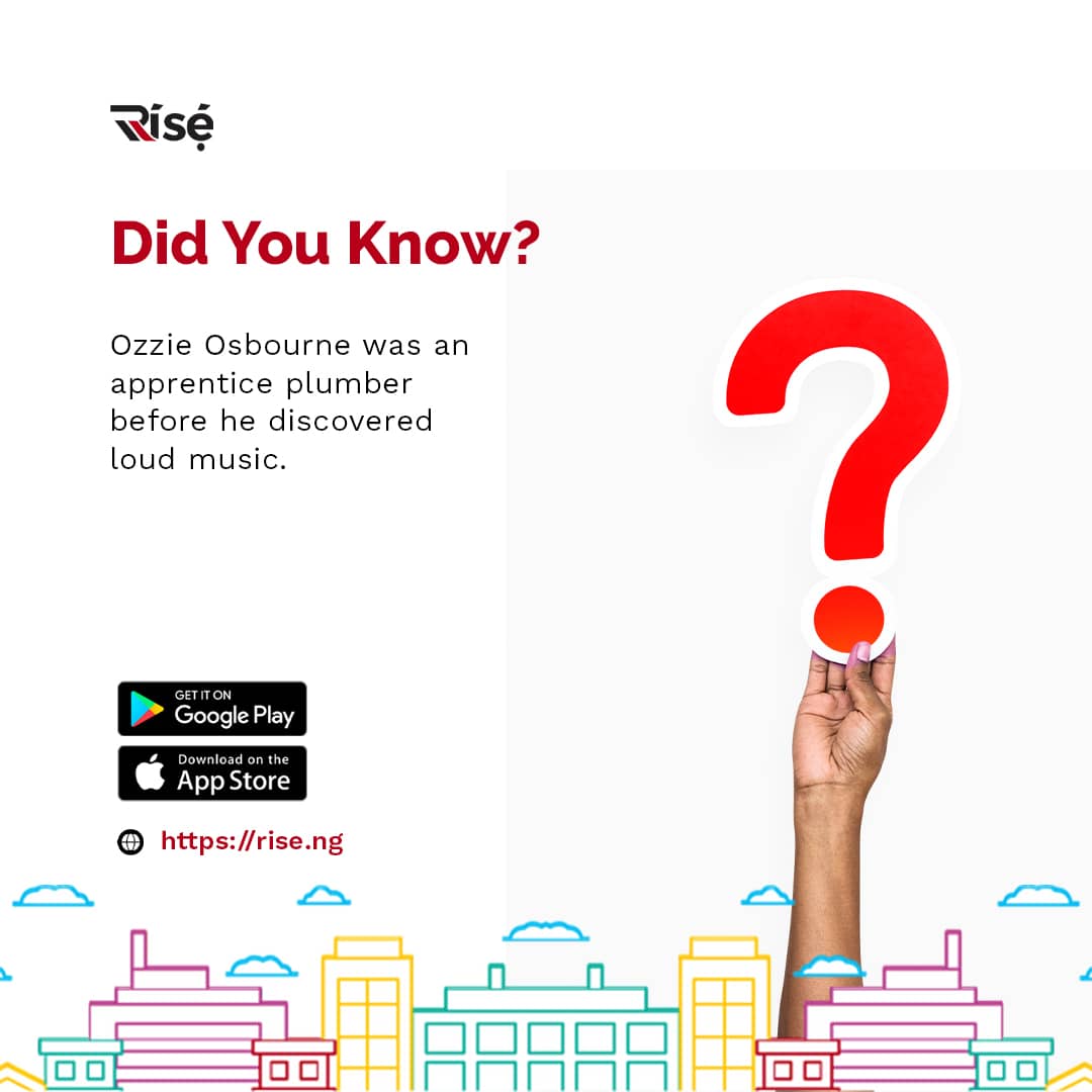 riseapp_ng's tweet photo. Ozzy Osbourne left school at age 15 and was employed as a construction site worker, trainee plumber, apprentice toolmaker, and more. #riseappng #riseapp

#professionalplumber #plumbing #plumbers #facts #fact #msme #businessfacts #smes https://t.co/RdROvvYm9t