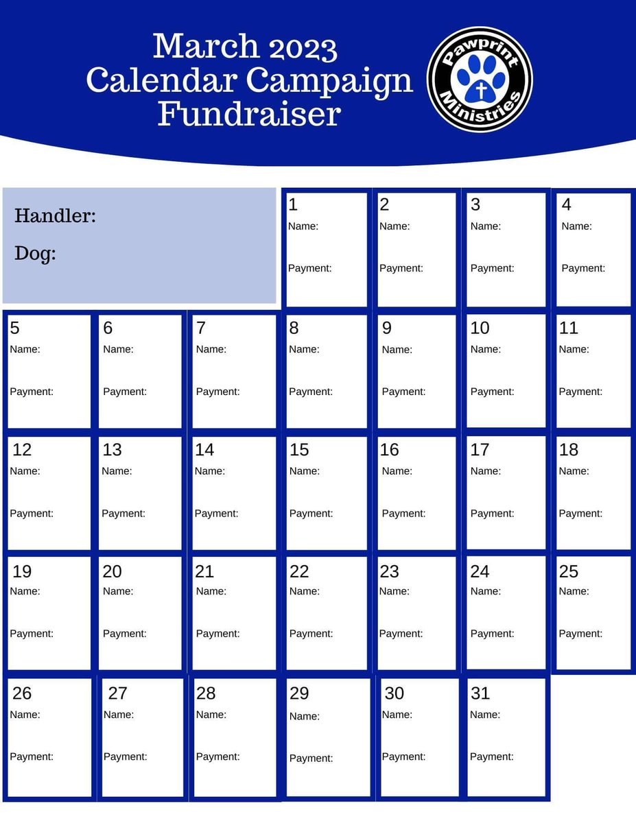 Brutus and I need your help to fill up our calendar!! 💙💙💙

Pawprint Ministry is hosting a donation calendar campaign fundraiser for our volunteer teams.   Each year our teams raise money to support our continued work in the community.  Check out the flyer below!