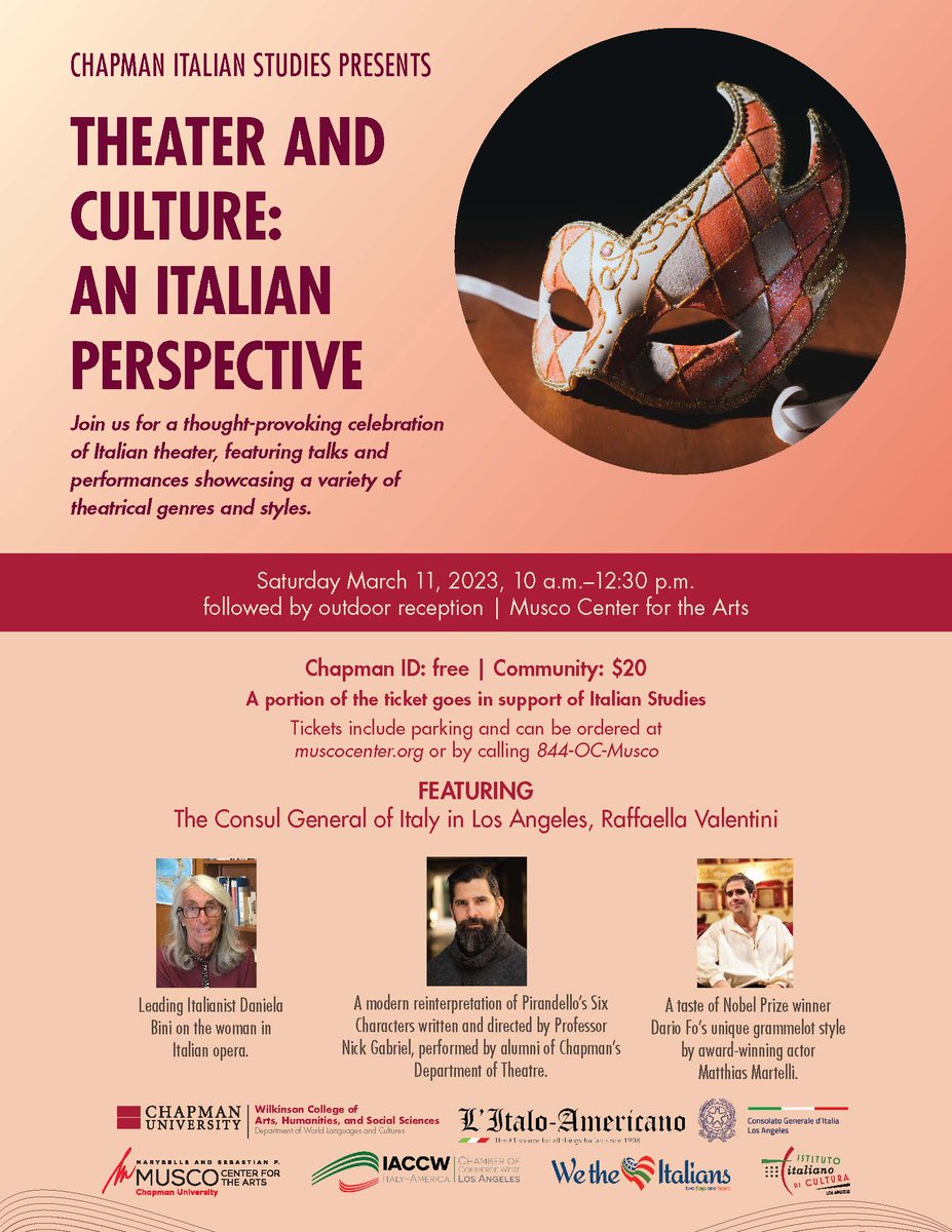 <a href="/ChapmanU/">Chapman University</a> 🇮🇹 Studies Dep is presenting Theater and Culture: An Italian Perspective <a href="/MuscoCenter/">Musco Center for the Arts</a> for the Arts on Sat, March 11, 2023 at 10am. For more info and🎟️🎟️ go to  buff.ly/3IcZJpQ