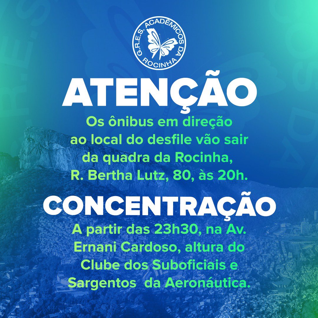 gresarocinha's tweet photo. ATENÇÃO COMUNIDADE!
Amanhã é nosso grande dia, então, fiquem atentos aos horários! 

🚎 Saída dos ônibus 
📍Nossa quadra, rua Bertha Lutz, 80.
⏰ 20h.

• Concentração 
📍Avenida Ernani Cardoso, altura do Sargento da aeronáutica. 
⏰ 23h30. https://t.co/MkVaKrqFGW