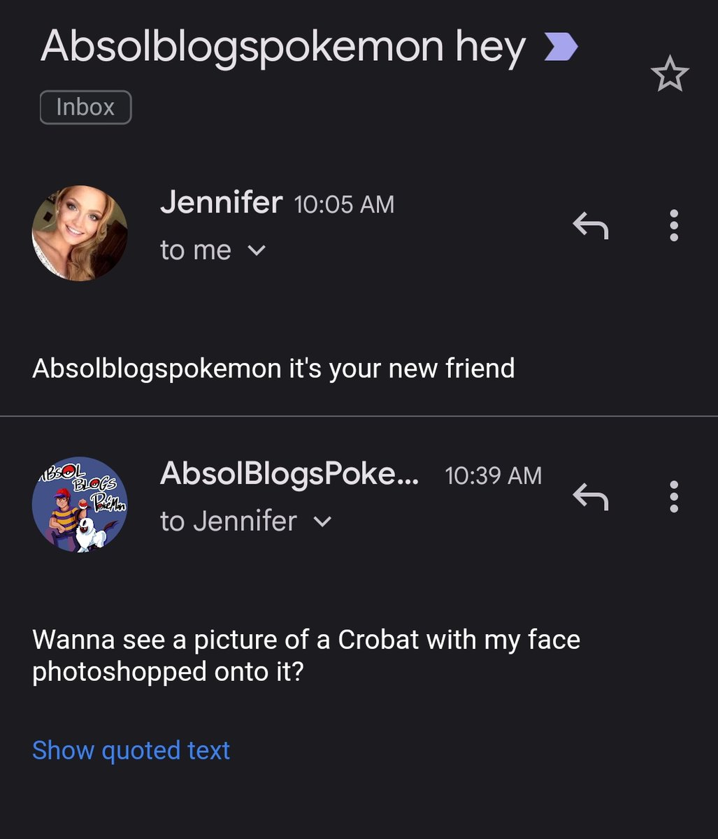 TheAbsol's tweet photo. Got left on read in my new email friendship!!! (got 2 other short emails like this lately: short messages from a random first name with a gmail address that's a totally different name) https://t.co/G0rJkpfotn