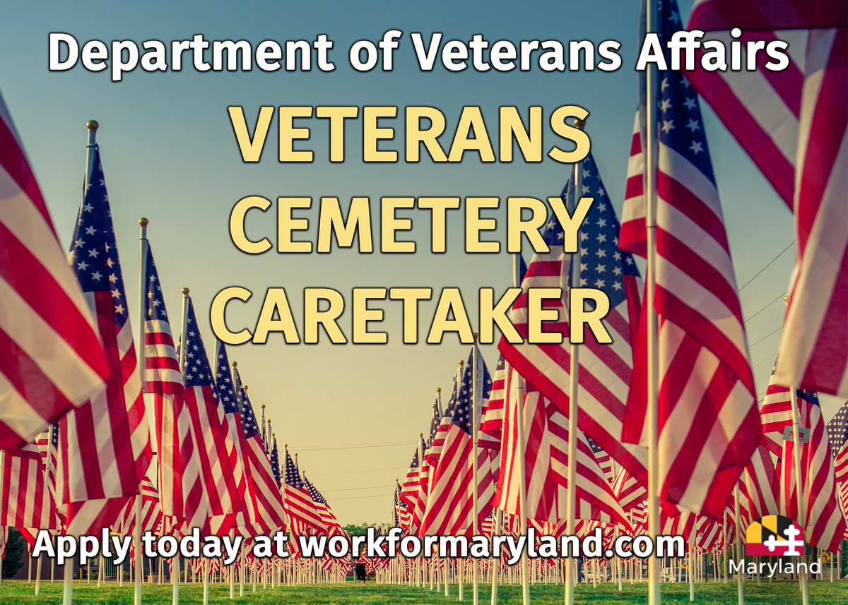 Veterans Cemetery Caretaker positions are now open statewide.

Apply Here: ow.ly/b0nL50N11E9
More info: workformaryland.com
#MDStateJobs #StateJobs #Veterans #CemeteryCaretaker #NowHiringMD