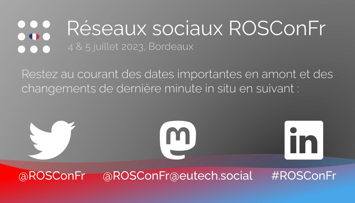 La conférence francophone sur ROS est désormais sur le fédivers ! 🐘 Suivez @ROSConFr@eutech.eu
ℹ️ Nous y publierons les dates importantes en amont de la conférence, et les changements de dernière minute in situ
#Conférence #ingénierie #robotique #fediverse #Mastodon #goROS