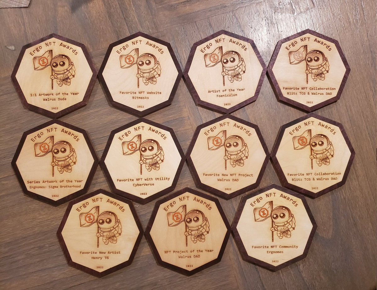 Just recieved all of the physical  #ErgoNFTAwards from <a href="/NilsDougan/">nilsdougan</a>. Aiming to have them all shipped out to winners tomorrow.

$ERG #ErgoNFTs #Ergo