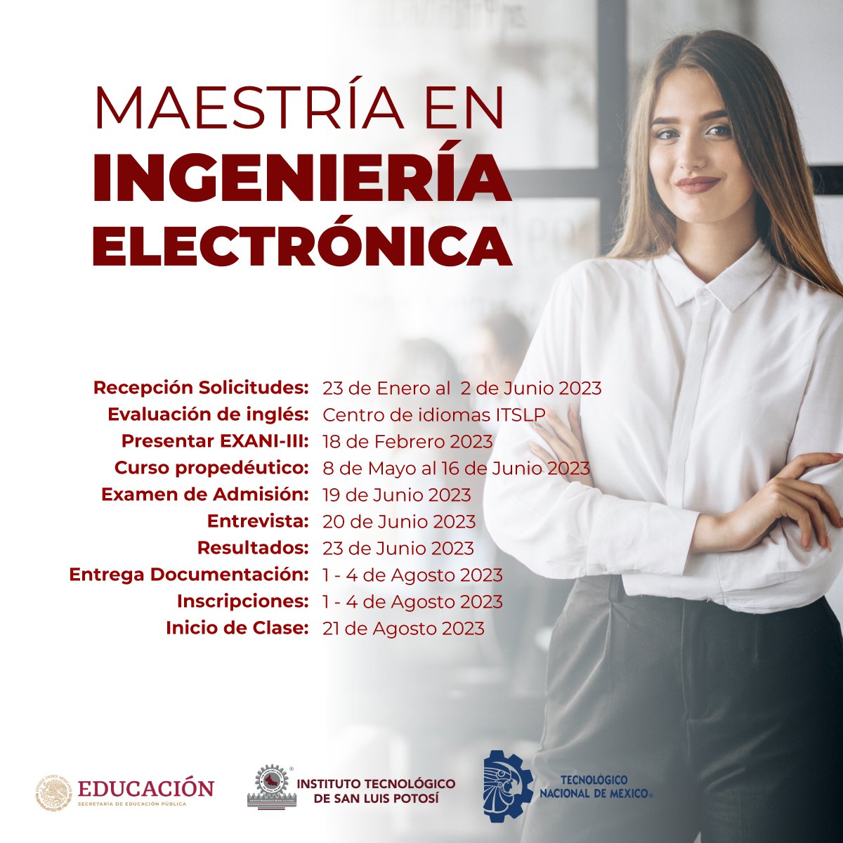 Al Público en General:

El ITSLP te invita a cursar la Maestría en Ingeniería Electrónica, la recepción de  solicitudes se encuentra abierta, checa fechas 👇👇

¡¡Recuerda que tu esfuerzo de hoy, es el éxito del mañana!! 🌟⭐