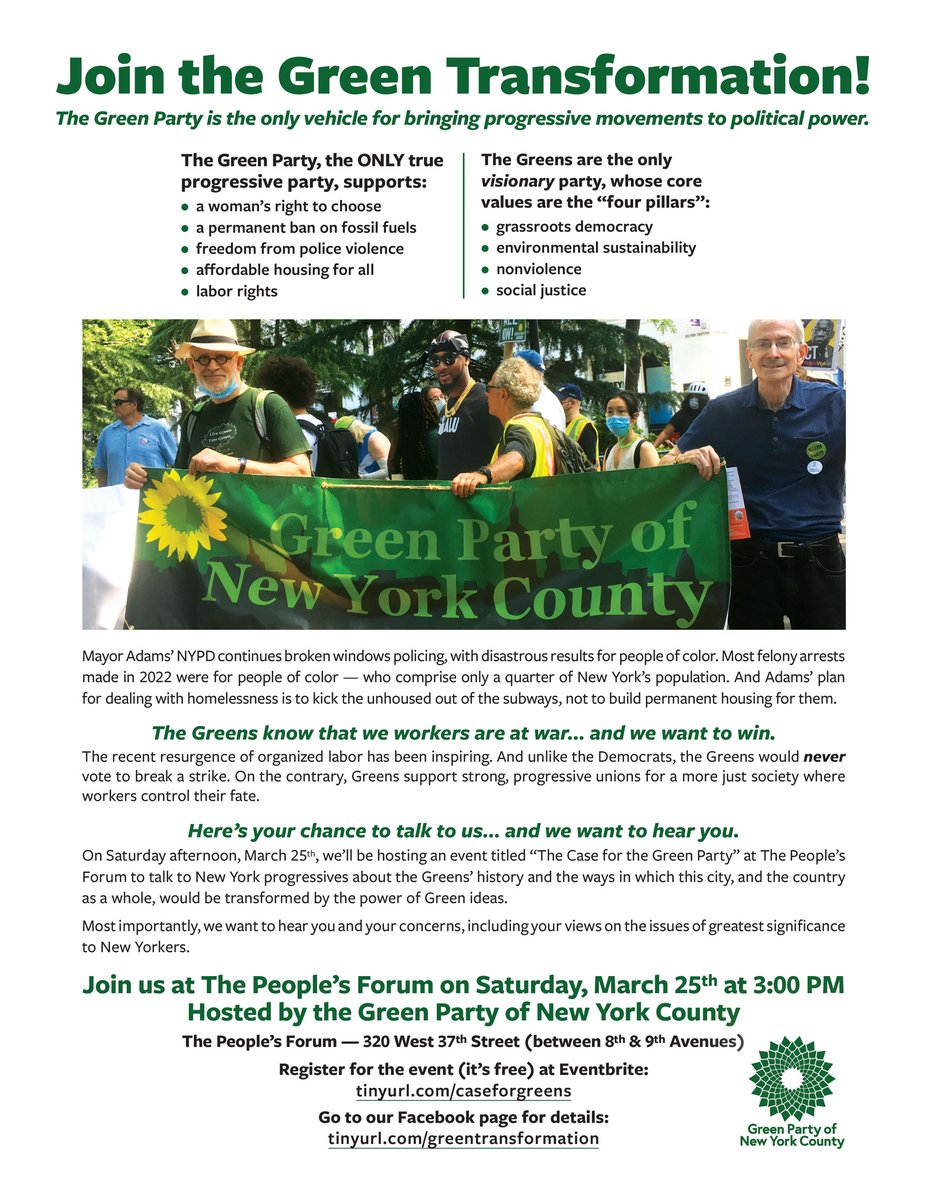 GPNYCounty's tweet photo. Please join the Green Party of New York County on Saturday, March 25 at People's Forum in New York City.
Register at https://t.co/hSrE9Vdd9X. We look forward to meeting you.
Join the Green Transformation! https://t.co/vkhDa7kZTE