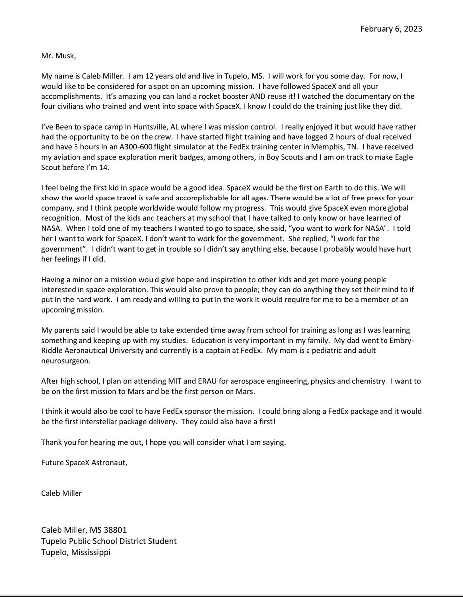 Millecha01's tweet photo. @elonmusk my son wrote you a letter as part of his Boy Scouts merit badge.   He would like to be the first kid in space.  He wrote a pretty good letter with good ideas. https://t.co/0Mtx9kQLda
