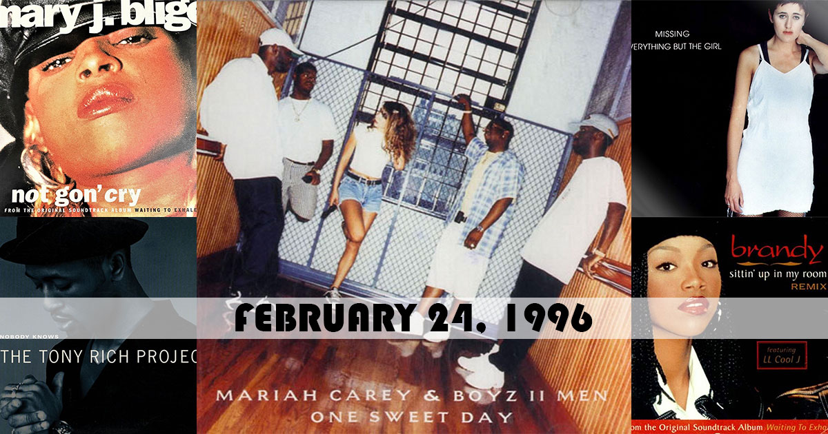 ChartsArchive's tweet photo. Here were the top songs on this day in 1996:
1. "One Sweet Day" by #MariahCarey & #BoyzIIMen
2. "Not Gon' Cry" by #MaryJBlige
3. "Missing" by #EverythingButTheGirl
4. "Nobody Knows" by The #TonyRichProject
5. "Sittin' Up In My Room" by #Brandy
https://t.co/WFMoq1d8jN https://t.co/JUijeMwxw8