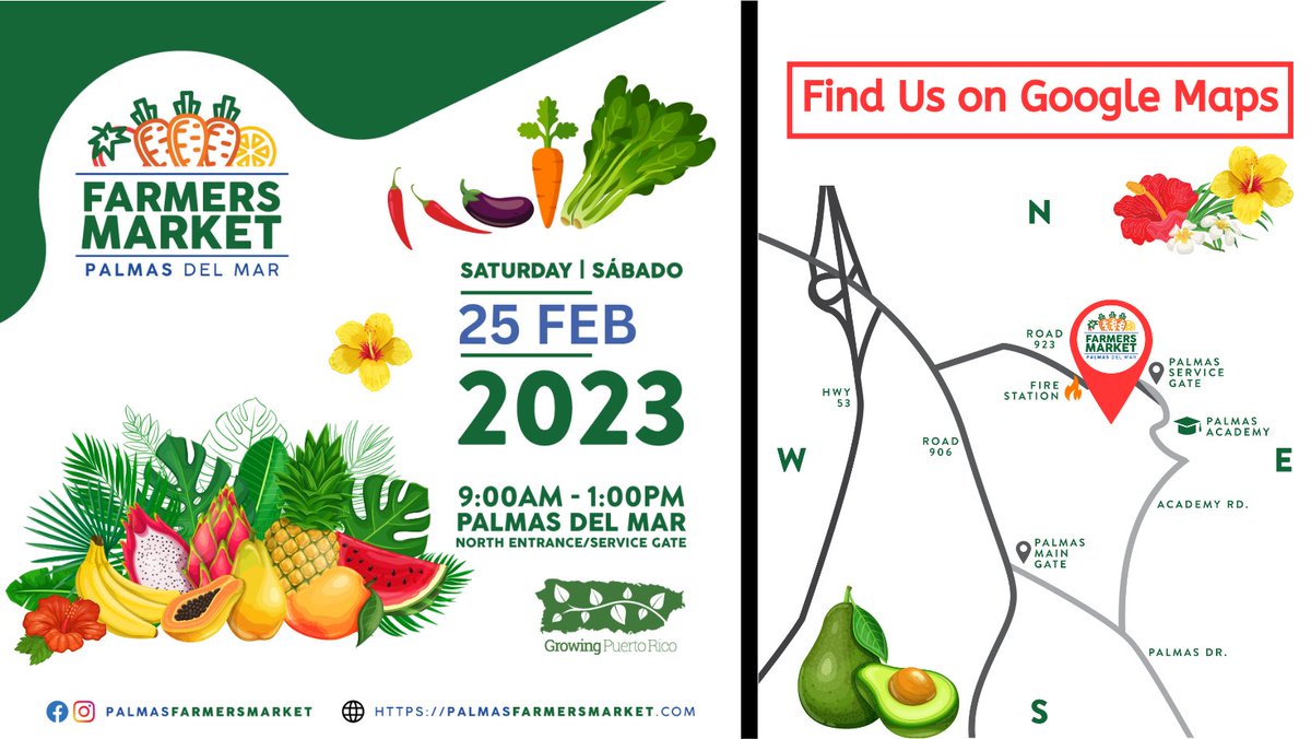 wegrowpr's tweet photo. The next Palmas Farmers Market is Saturday, February 25, 2023. Join us and more farmers, ranchers, agriculture producers, and artisans 9 am – 1 pm.

Open to the public with free parking, stroller &amp; wheelchair accessible, family and pet friendly!

https://t.co/osEjtTKEQt https://t.co/MiO0nJa2f6