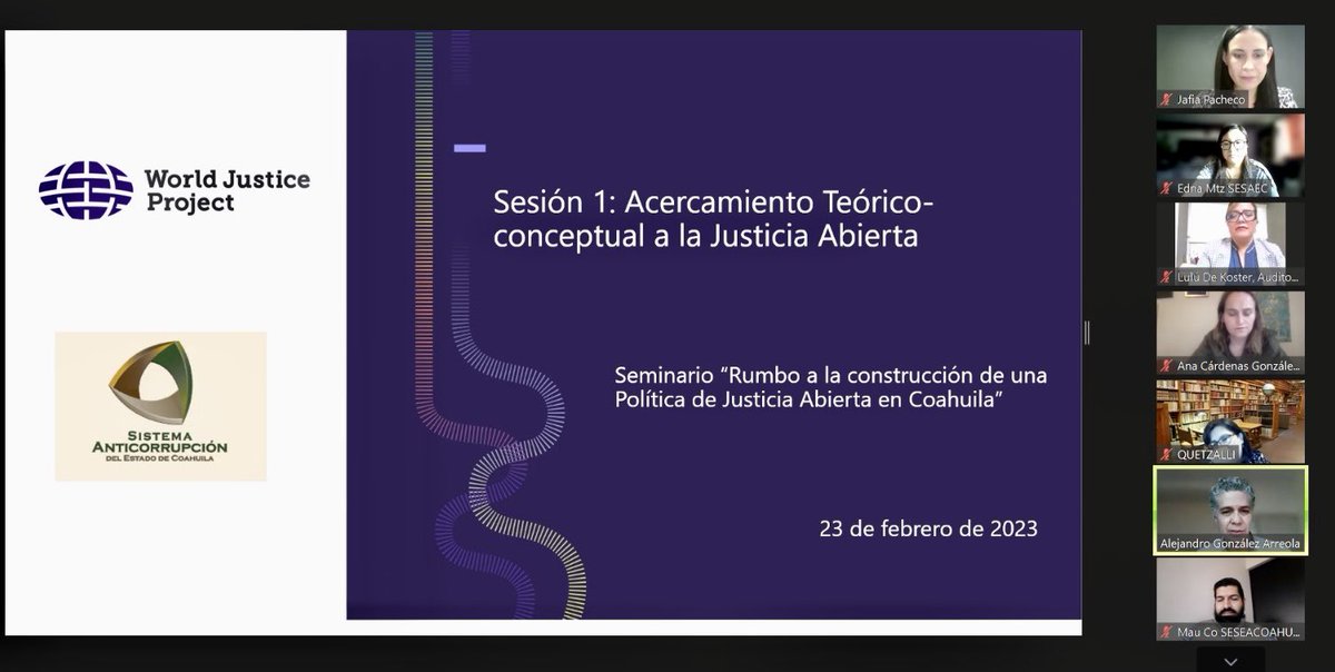 Hoy inició el Seminario Rumbo a la Construcción de una Política de Justicia Abierta en Coahuila impartido por @TheWJP_mx. Esta primera sesión estuvo a cargo de Jafia Pacheco, Presidenta del SAEC, Alejandro González de WJP y Adrián Alcalá, Comisionado del <a href="/INAImexico/">INAI</a>