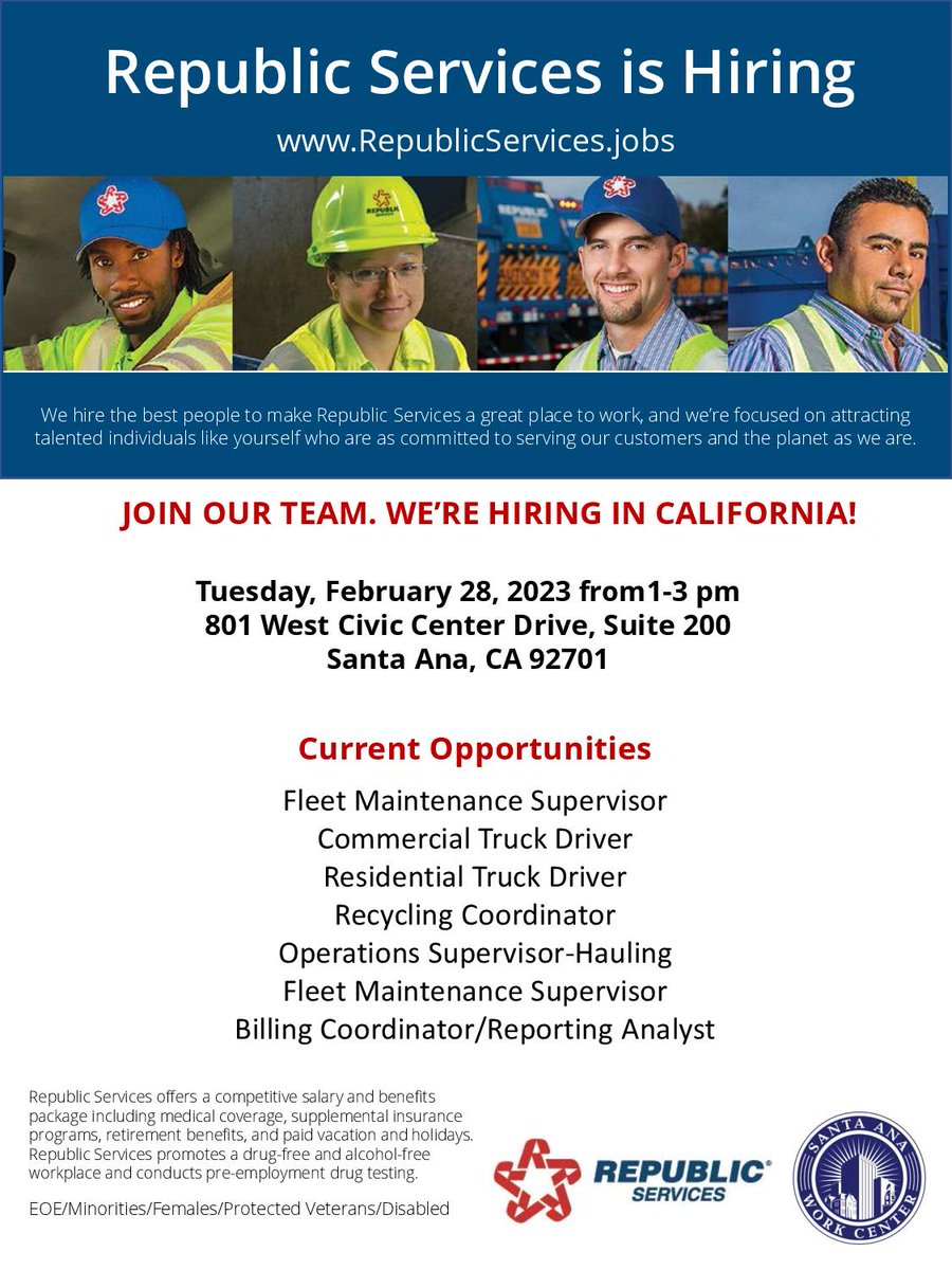 saWORKcenter's tweet photo. The Santa Ana WORK Center will host a Job Fair on Tuesday, February 28, 2023, from 1:00 p.m. to 3:00 p.m. 

Recruitment Location:  Santa Ana WORK Center 
801 West Civic Center Drive, Suite 200, Santa Ana, CA 92701

For any questions, please call 714-565-2600 https://t.co/7FrahGqgY9