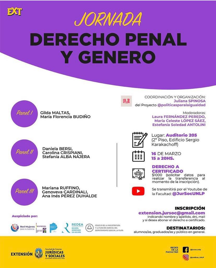 RevistaReDeA's tweet photo. Revista Derechos en Acción acompaña en la jornada Derecho Penal y Género el próximo jueves 16 de marzo https://t.co/v2rZQ7ldTa