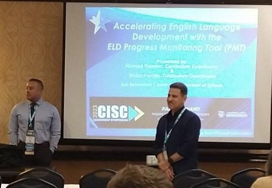 Victor Portillo & @RRomeroEducator tag team @CISCSymposium & engage our colleagues w/ a conversation about Accelerating English Language Development w/ the #SBCSS ELD #ProgressMonitoring Tool. Taking an assets-oriented approach towards monitoring our #EmergentBilinguals #CISC2023