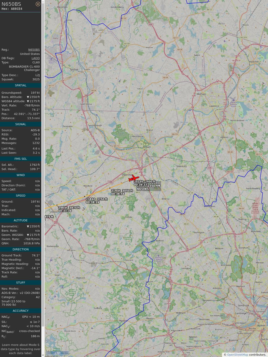 AboveGroton's tweet image. ICAO: A88CE4
Flt: N650BS #BANKOFUTAH
First seen: 2023/02/23 19:36:51
Min Alt: 3875 ft MSL
Min Dist: 2.6 mi

#planefence #adsb - facebook.com/GrotonAyerBuzz
globe.adsbexchange.com/?icao=a88ce4