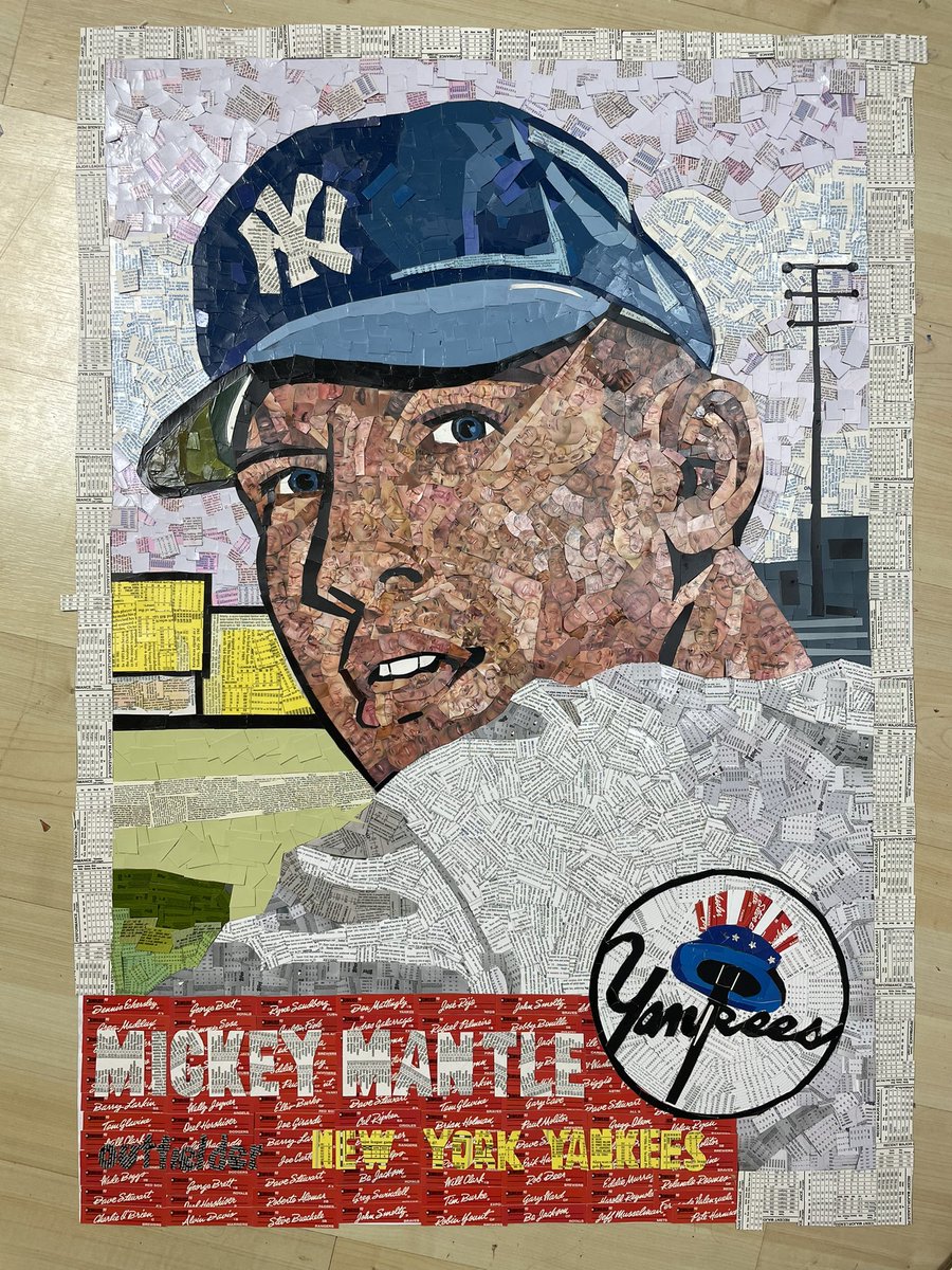 ryansmithart's tweet photo. This will be done soon. It is a 24”x36” mosaic made entirely from cut up baseball cards.  Zoom in and tell me who do you see? #sportsart #sportsartist #mickeymantle #Yankees #NewYork #NewYorkYankees #Mantle https://t.co/OTFoxMoLKr