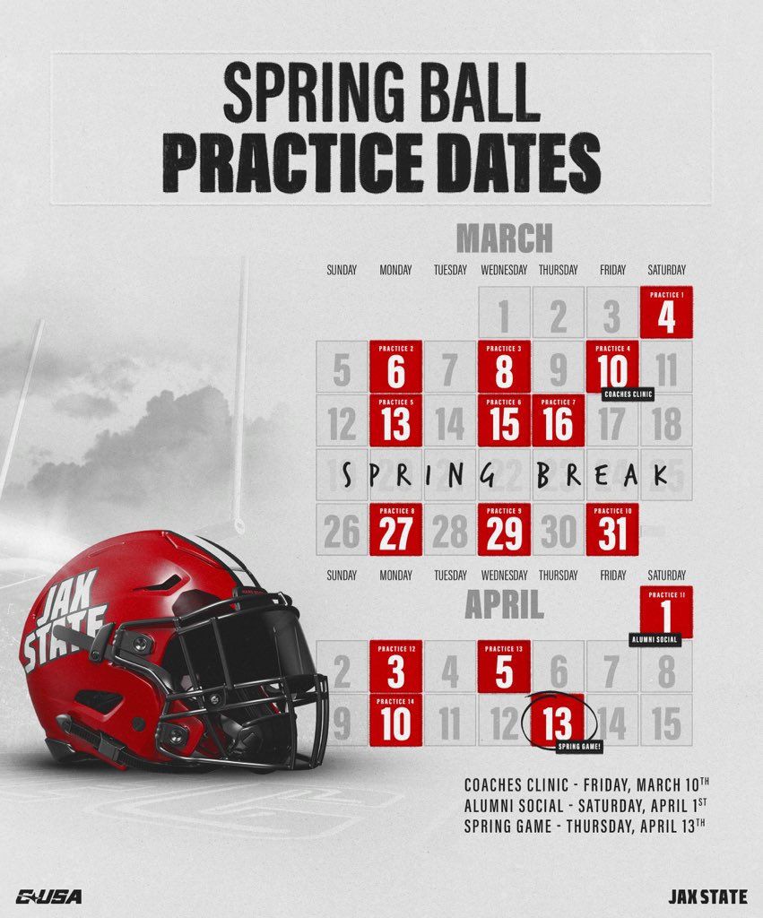 JaxStateFB's tweet photo. 𝐒���𝐑𝐈𝐍𝐆 𝐁𝐀𝐋𝐋 𝐂𝐀𝐋𝐄𝐍𝐃𝐀𝐑

Spring Game Under The Lights is set for Thursday, April 13th, 2023‼️

#HardEdge | #EarnSuccess https://t.co/crcFB8lDyh