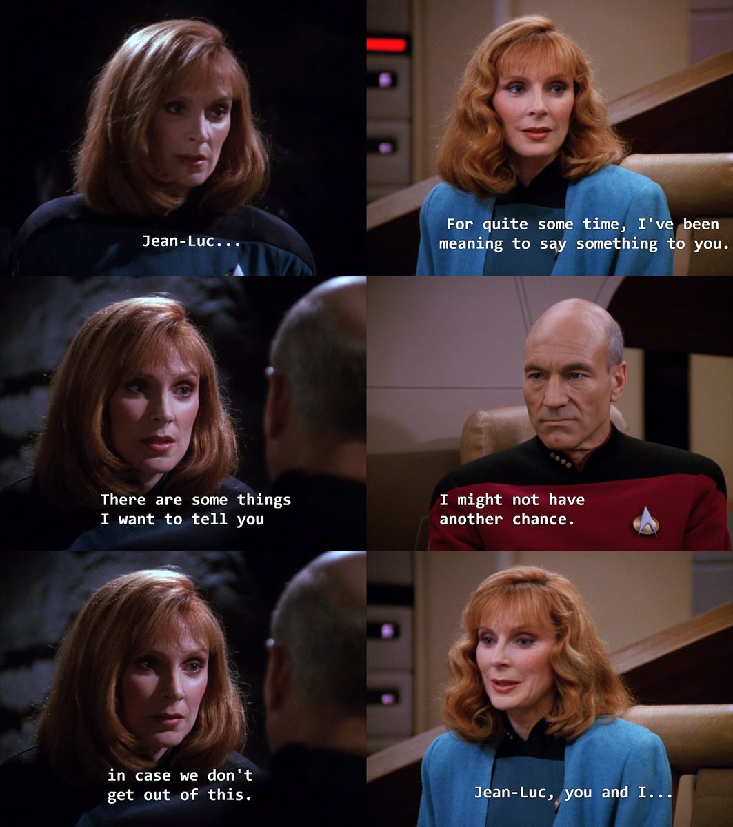 Twice, in "The High Ground"⬅️ and "Remember Me"➡️, Beverly wanted to tell Picard something meaningful, as she thought this would be her last chance to do so, but each time she was interrupted. After #StarTrekPicard's "Disengage", I wonder if this is of relevance. 😅