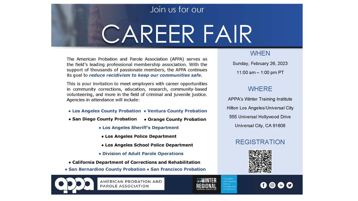 OCProbationDept's tweet photo. Only a few more days until the APPA Career Fair on February 26th! If you're passionate about making a difference in the community, come join our team and learn about our current job opportunities. See you there!
#NowHiring #JoinOCP #WeAreOCProbation #orangecounty #appa https://t.co/FiXx0SN0yH