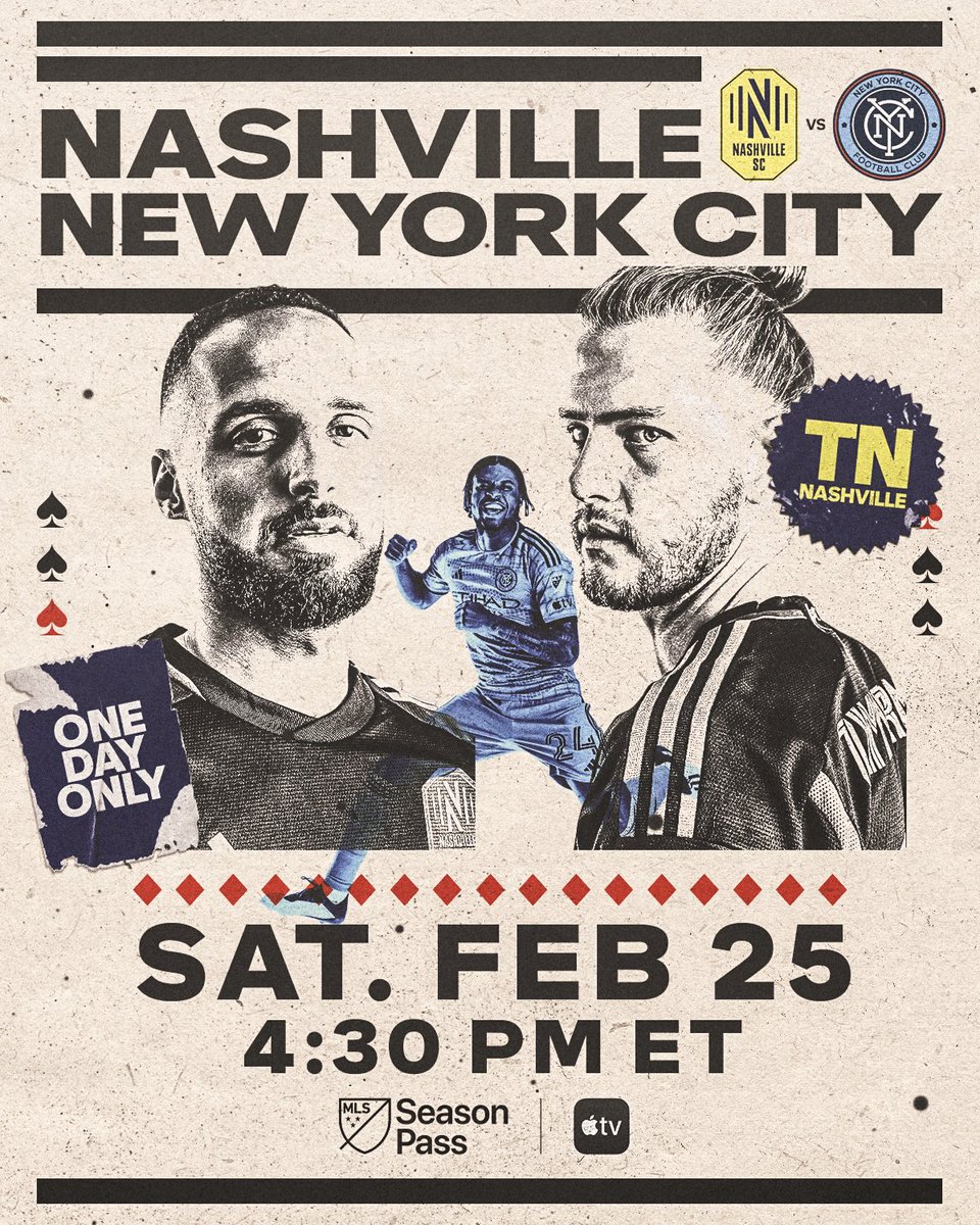 MLS's tweet image. The opening act of our 2023 season.

Live from Nashville, it’s @NashvilleSC vs. @NYCFC on Saturday afternoon—watch free on Apple TV &amp;amp; also on FOX. #MLSisBack