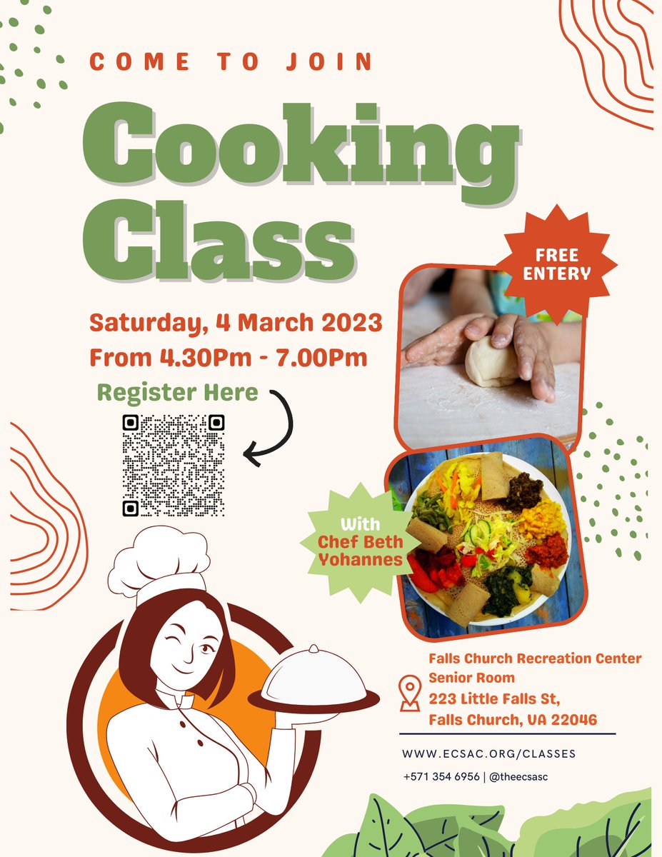 theECSAC's tweet photo. Starting off our first event of the year with a youth cooking class instructed by Chef Beth Yohannes (owner of @cafe_slice). Join us on March 4th at 4:30 pm! Sign up using the QR code or head to our website https://t.co/hCSxytfwh2 to register🧑🏾‍🍳🥘👩🏽‍🍳🍽 https://t.co/FDKxmXiFxq