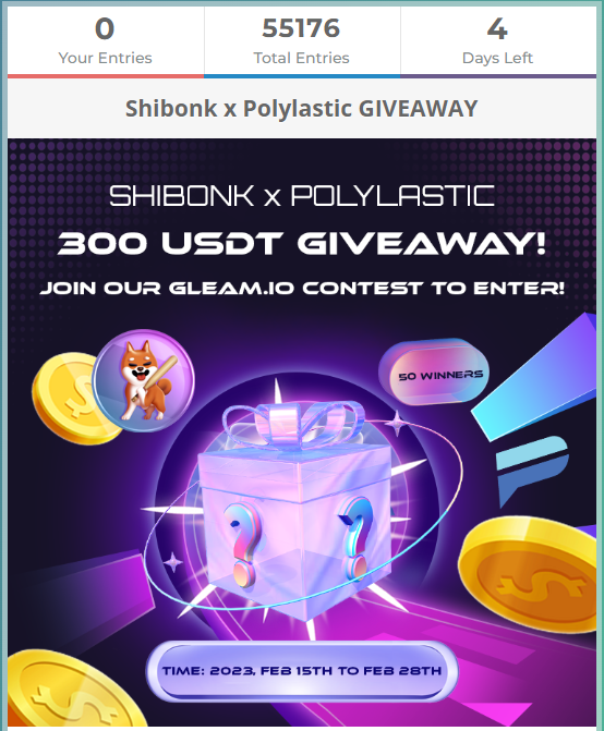 Wow, over 55k interactions with our <a href="/gleamapp/">Gleam</a> Contest!
4 days left!
To Enter
✅ Follow <a href="/SHIBONKSOL/">SHIBONK $SBONK</a> &amp; <a href="/polylastic/">Polylastic</a>
✅ RT &amp; Tag 3 Friends
✅ Complete Gleam tinyurl.com/257mfvtb

@hey_walletsend 0.002 $SBONK to the first 2000 retweets and comments #Giveaway

#Airdrop #HeyWallet