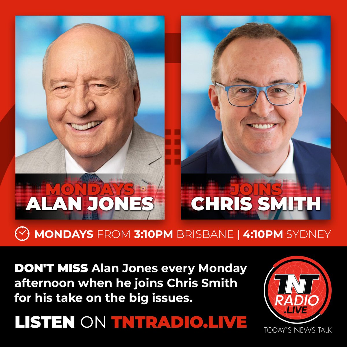 pulsenewstalk's tweet photo. 🎙️ BREAKING NEWS: One of Australia’s most influential broadcaster’s, Alan Jones, will join Chris Smith on his new show on TNT Radio, LIVE every Monday at 3:10PM QLD time. https://t.co/yUD5bBOhls @adhtvaus @chrissmithonair 
#tntradiolive #chrissmith #alanjones #BreakingNews https://t.co/yP4xpMKpQf