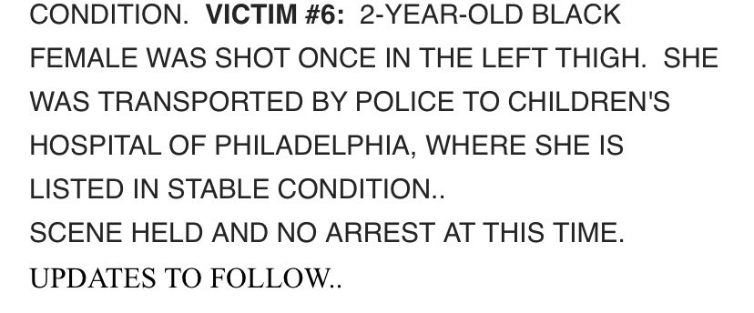 KeeleyFox29's tweet photo. JUST IN:   2 Year old girl shot.   Baby girl now the 6th shooting victim from Philadelphia Public schoolyard shooting.   @PhillyPolice just updated again.   She was shot in her thigh and Police rushed her to Children’s Hospital. https://t.co/CQTnH81ev0