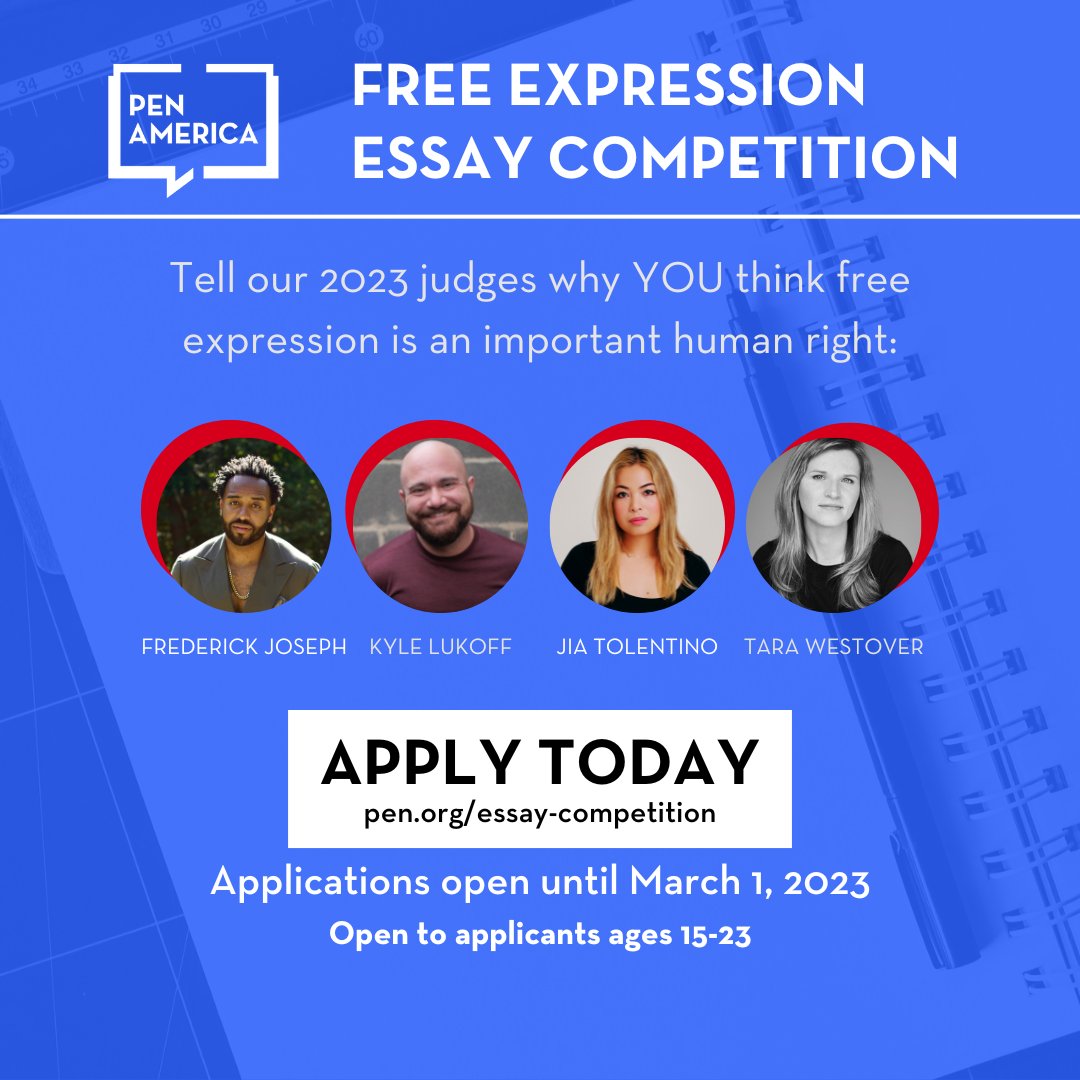 We are excited to announce that the judges for the 2023 Free Expression Essay Competition are @FredTJoseph <a href="/KyleLukoff/">Kyle Lukoff</a> <a href="/jiatolentino/">Jia Tolentino</a> and <a href="/tarawestover/">Tara Westover</a>. 

$7,500 in total prizes.

High school or college students (ages 15-23)—there's still time to enter! pen.org/free-expressio…