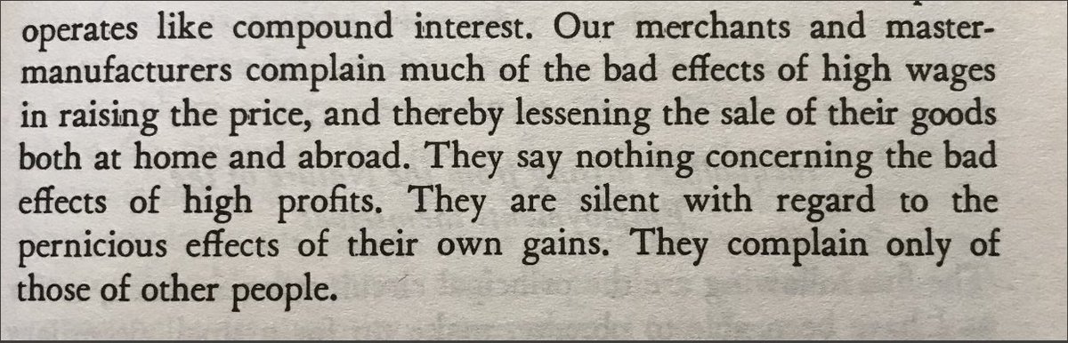 grhutchens's tweet image. Adam Smith: “In reality, high profits tend much more to raise the price of work than high wages."

Also Adam Smith: