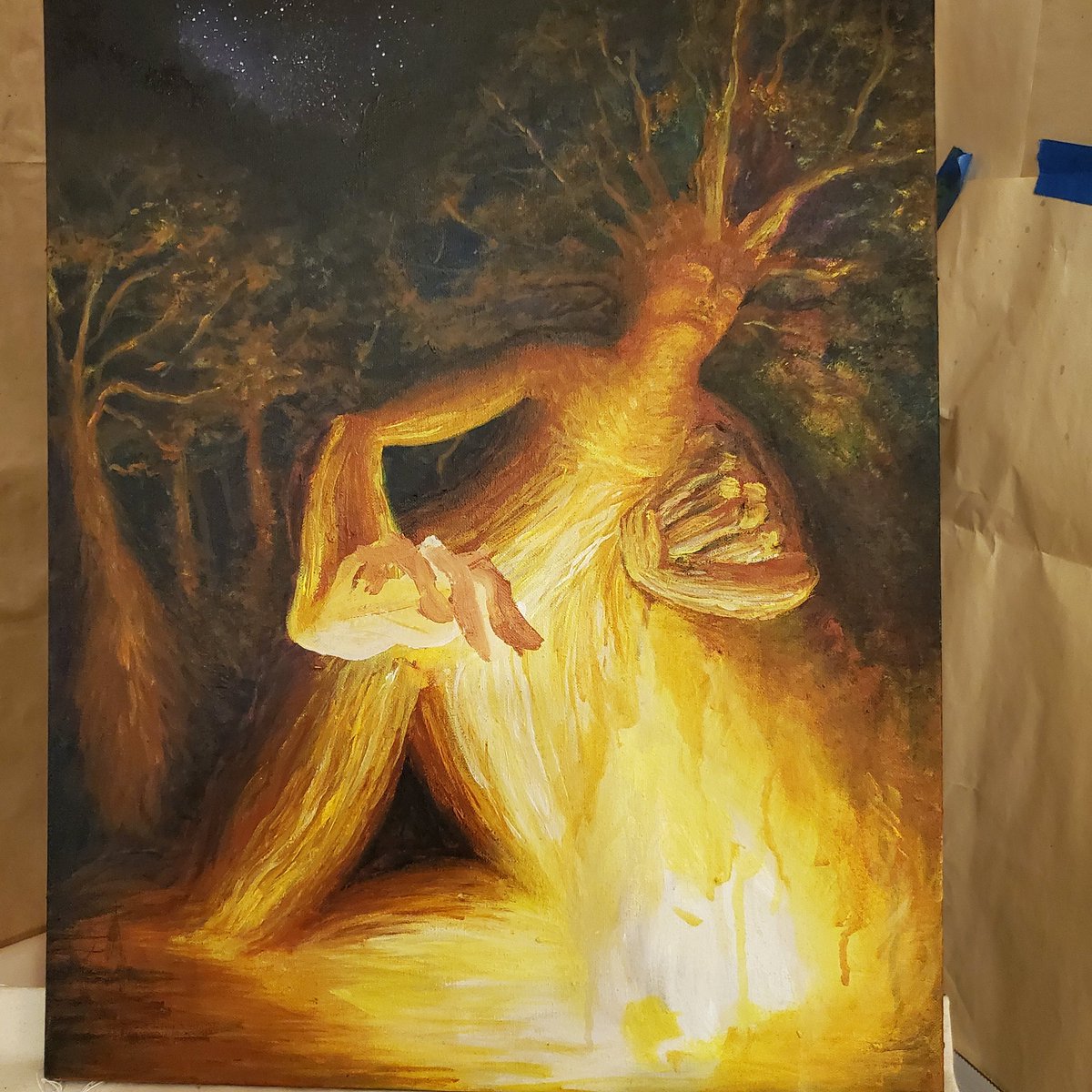 druidofsuburbs's tweet photo. Been a while since I worked on this piece. I swear I'm almost done

#painting #wip #workinprogress #canvas #acrylicpaint
#Tree #forest #forestatnight #night #stars #campfire #fire #light #glow #treefolk #ent #fantasy #stars https://t.co/E94VCgzyWI