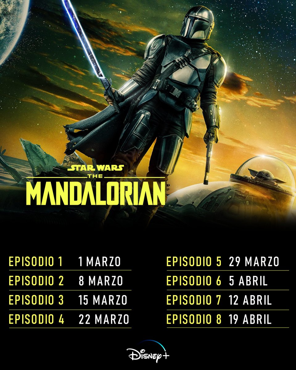 mydisneylatino's tweet photo. Les dejamos el calendario de los nuevos episodios de #TheMandalorian, que se estrenan este 1 de marzo en #DisneyPlus. https://t.co/5B8S7EE8sj