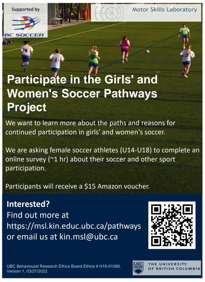 Help us learn more about girls' soccer in Canada! We are recruiting U14-U18 female soccer players to do an online survey on sport experiences ⚽️🏃🏽‍♀️

Can you help us spread the word? @WsoccerCa
@WFCElite
@CanadaSoccerEN
@League1Bc
@WhitecapsYouth
@1BCSoccer
msl.kin.educ.ubc.ca/pathways