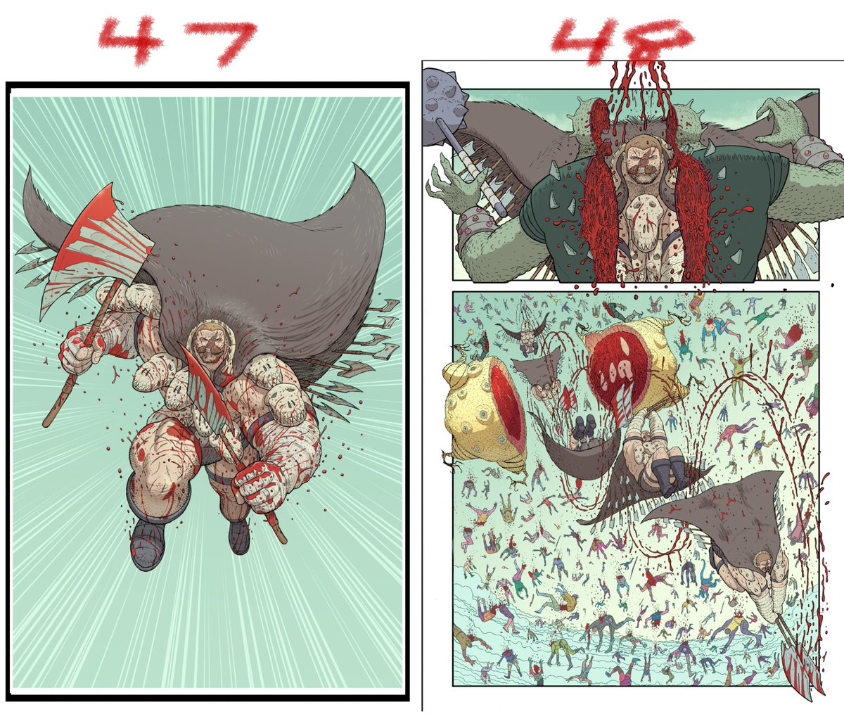 NickPitarra's tweet photo. Look'n through our book map &amp; here's a crazy cool #workinprogress sequence from @TheComiKen. When these pages are finished he'll never not work in comics. Already landed another coloring gig w a better artist than me. Plus, Ken's been grinding w me in my dirty studio for years... https://t.co/9v2OPQ6OcB