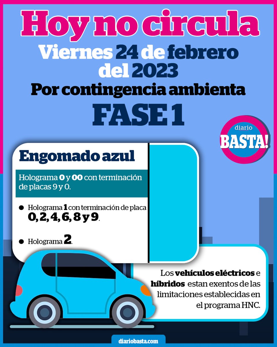diariobasta's tweet photo. #Entérate 🚨
Por contingencia ambiental algunos vehículos no circulan el día de mañana 24 de febrero; toma precauciones. 👉 https://t.co/WcisKu4Y52 https://t.co/weAQdwD318