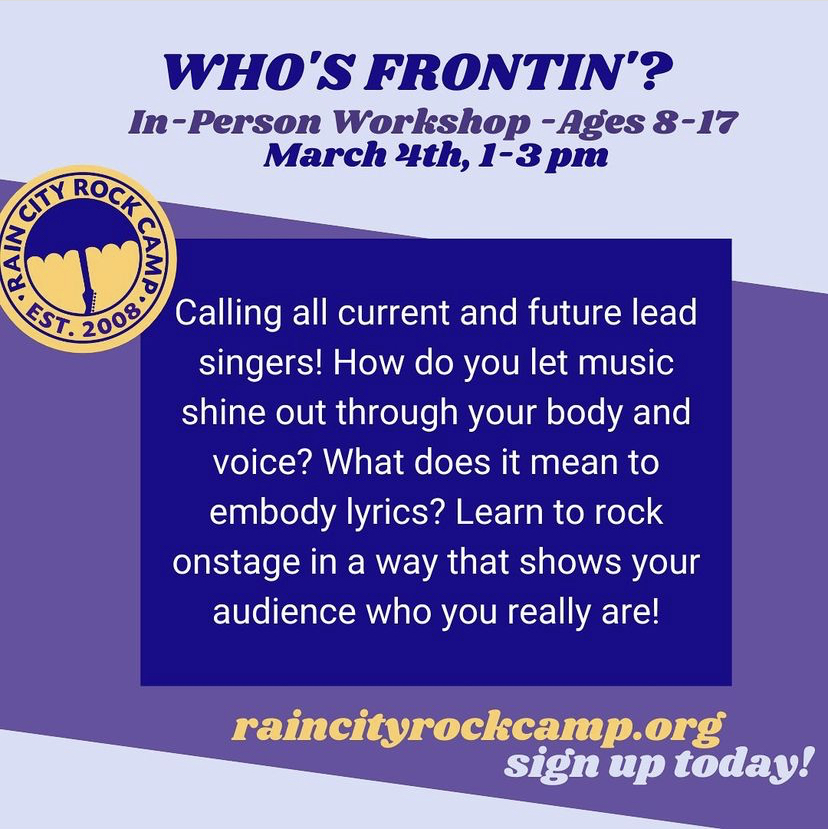 raincityrock's tweet photo. In-person workshop for YOUTH ages 8-12, led by the amazing Ariel Burke!🤘For future lead singers, or who are just lookin’ for some ways to have fun and grow your confidence! ⚡️Spots are still available for this 2 hour gathering at The Umbrella 🌈☔️ Link in our bio! 🦄 https://t.co/vMNm9iQcyT