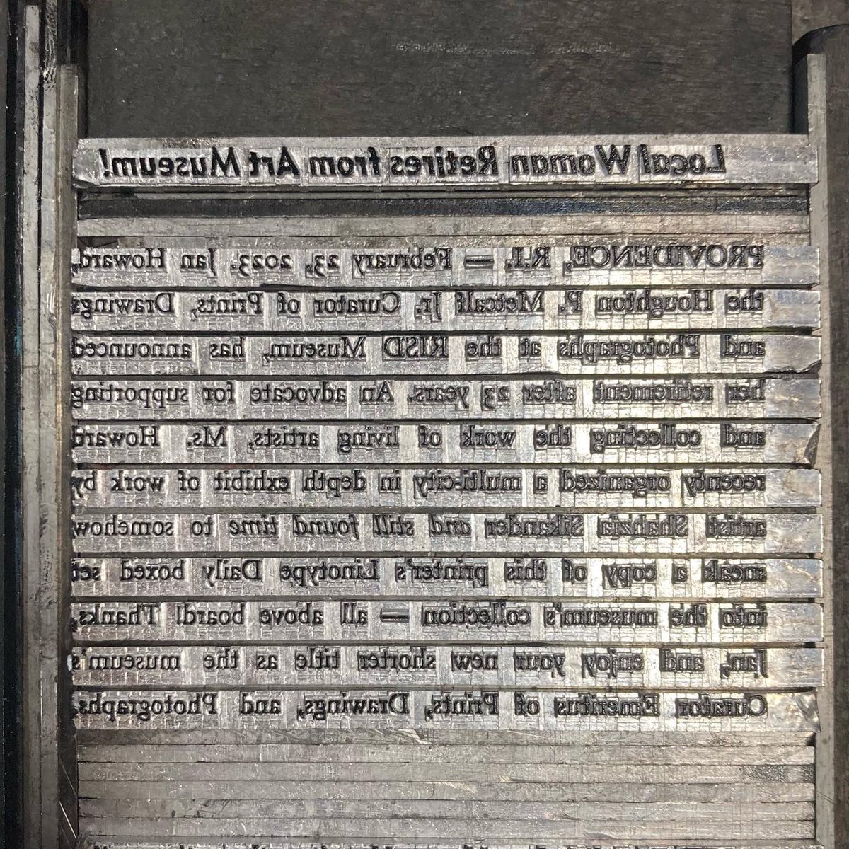 TLinotypist's tweet photo. And in local museum news… Thanks, Jan! #letterpress #Linotype #museumworkers #shahziasikander #janhoward #davidcicilline #prints #typecasting #supportlivingartists Cast in 8pt Electra with Cursive and 12pt Metromedium Italic @shahziasikander @RISDMuseum @risd https://t.co/kptPQ7mZZB