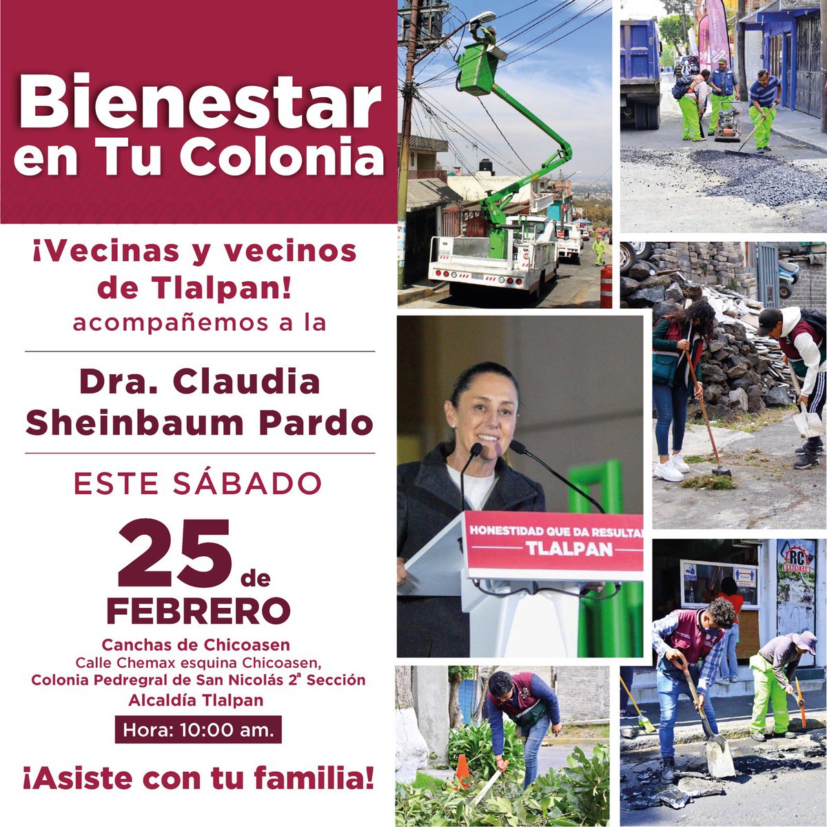 ParticipacionT's tweet photo. 🔴 Vecinas y vecinos de Tlalpan este sábado 25 de febrero acompañemos a nuestra jefa de gobierno, @Claudiashein a dar el Banderazo de Salida del nuevo Programa #BienestarEnTuColonia, las y los esperamos en punto de las 10:00 am. 2/1 https://t.co/hpUsU33d2e