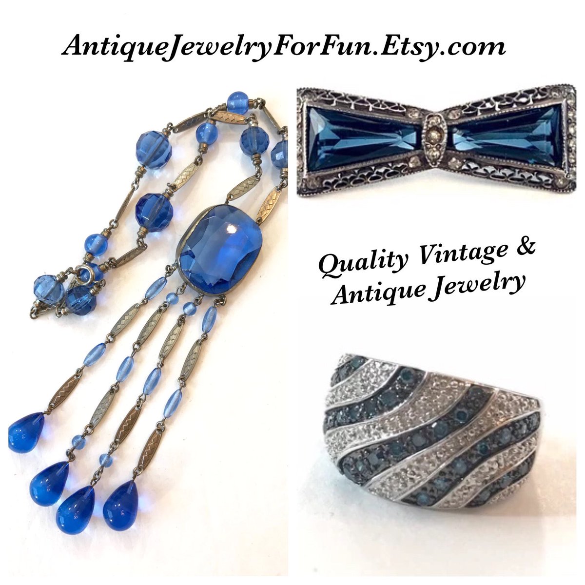 I’ve got the blue’s….#antiquejewelryforfun #etsyshop czechnecklace #czechjewelry #vintagepin #bluediamonds #bluediamondring #diamondring