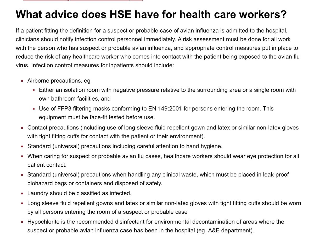 ‘If the #H5N1 [Avian Flu] virus was transmitted to humans the most likely route would be by breathing in dust and mist generated by infected birds and by not washing hands after handling infected birds or contaminated equipment and clothing’. HT: @H_S_E 

hse.gov.uk/biosafety/dise…