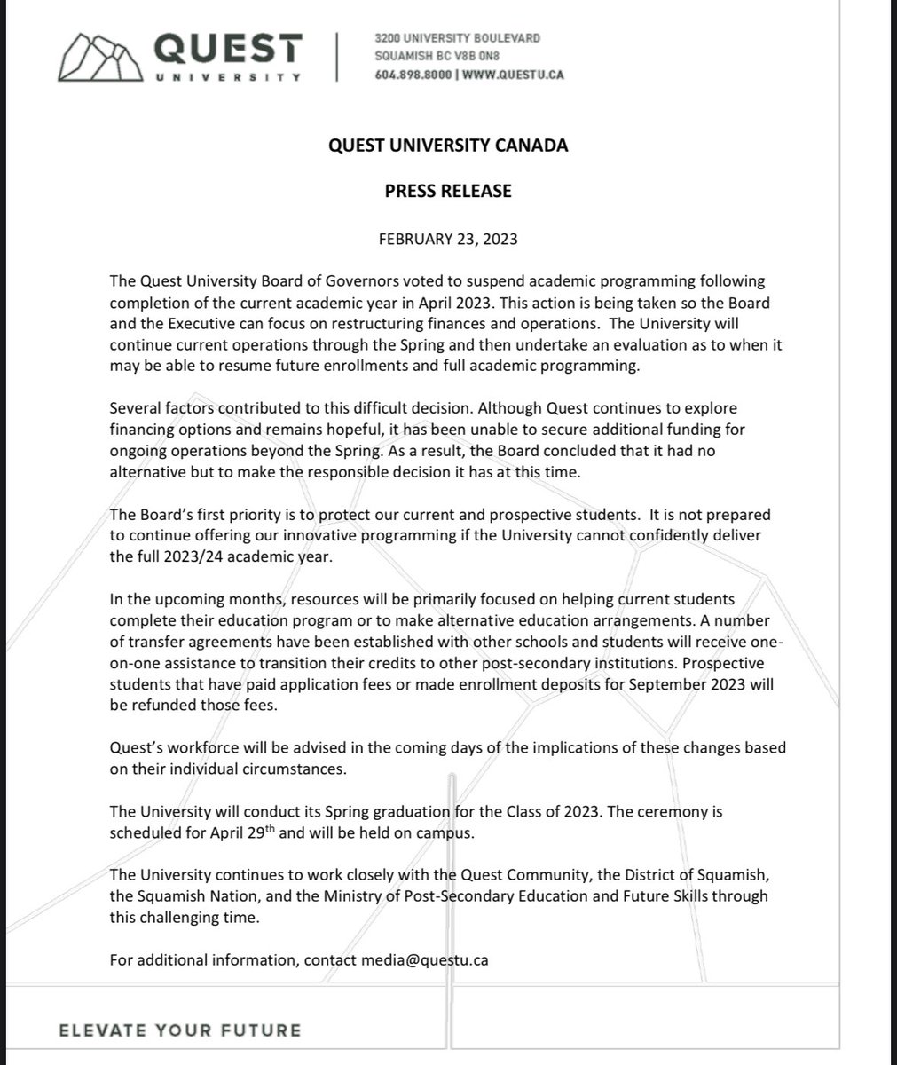 QuestUniCanada's tweet photo. Press release on the future of Quest University. https://t.co/chbunIGgkO