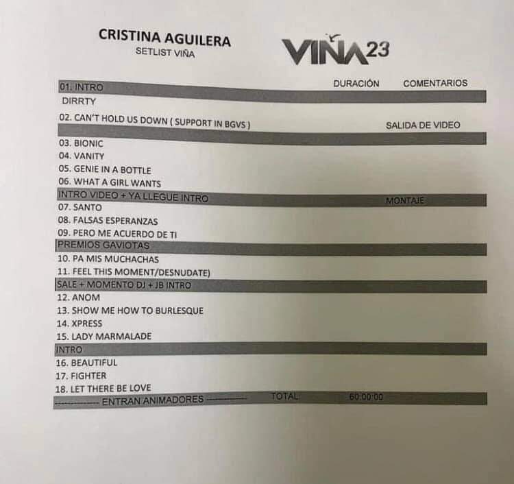 Famouschase's tweet photo. Setlist confirmado de Christina Aguilera en #Viña2023 https://t.co/jNmgxvVBOa