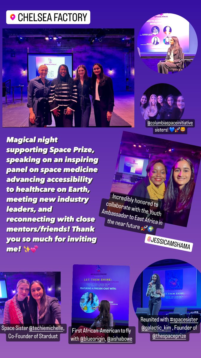 I had a magical evening at <a href="/ChelseaFactory/">Chelsea Factory</a> supporting Space Prize, speaking on an inspiring panel on how space medicine can make healthcare more accessible, listening to <a href="/arbowe/">Aisha Bowe</a>'s inspiring journey, and connecting with new aerospace industry leaders!

Thank you for having me!🚀👩‍🚀