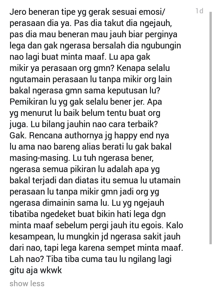 purpleelilac's tweet photo. GUE TERHARU BANGET ANJIR 😭
Ternyata ada yang baca cerita gue segininya sampe paham sama wataknya Jero:'(
Tapi perlu gue garis bawahi, Jero tu begini cuma sama yang berhubungan dengan Naoki, bahkan sekarang tanpa kalian sadari Heris udah jadi korbannya☹️
#CAtell https://t.co/sUlLOIIvzN