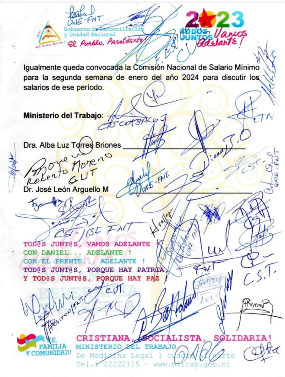 #23Febrero | Los sectores que integran la Comisión Nacional de Salario Mínimo lograron un consenso satisfactorio para un nuevo ajuste salarial del 10 por ciento, que será efectivo a partir del primero de marzo 2023 hasta el 29 de febrero del año 2024.

#SandinoPatriayLibertad