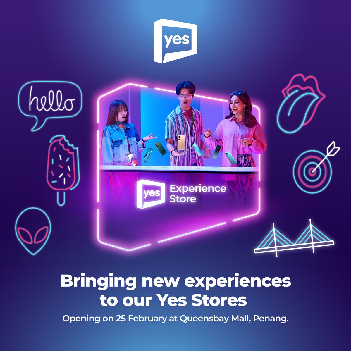 Yes_Telco's tweet photo. This coming Saturday (25 Feb) we will be launching our brand new Yes Experience Store at Queensbay Mall, Penang. 

FREE goodies await you there! Stay tuned for more information.

#Yes #Yes5G #YesExperienceStoreQBM #SwitchTo5G https://t.co/BI0YQ0EaMX
