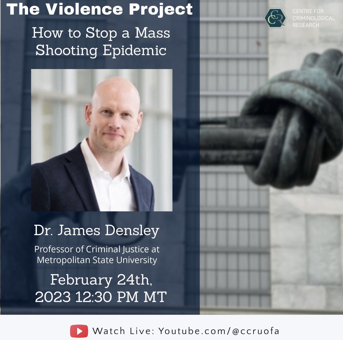 This *amazing* talk is happening tomorrow- “how to stop a mass shooting epidemic*! Free and open to everyone via our YouTube channel- be sure to join us and check it out @CCR_UofA @theviolencepro
